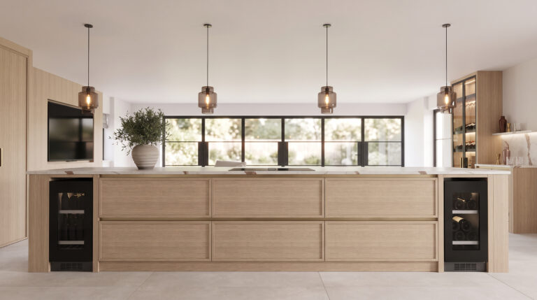 Large kitchen island with integrated wine coolers, pendant lights above, and a crittall-style window behind