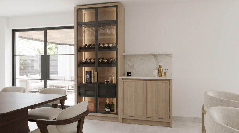 Dining room with glazed drinks cabinet storing wine and glasses, plus a stone-topped sideboard with cupboard units