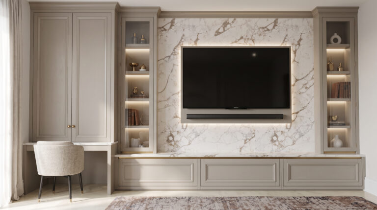 Living room with fitted cabinetry, glazed display shelving, a stone media wall and a mounted television