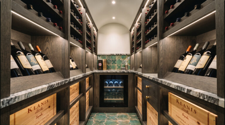 Bespoke wine cellar with timber racking, wooden crate drawers, patterned green floor tiles and a built-in glass-fronted wine fridge